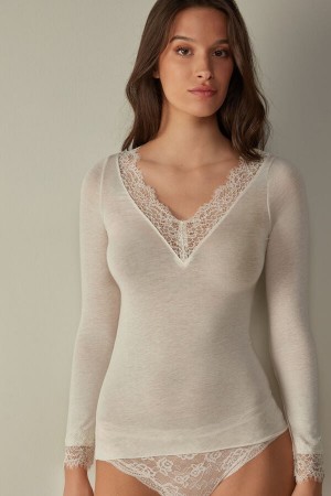 Intimissimi Modal Cashmere Ultralight Long Kanten Shirt Wit | UBETG12326