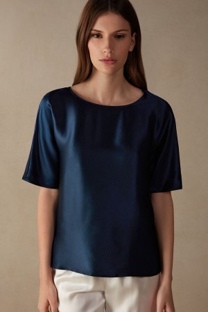 Intimissimi Kort Sleeve Silk and Modal Top Blauw | BEEAH90631