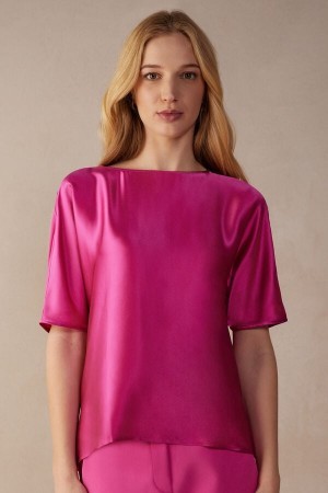 Intimissimi Kort Sleeve Silk and Modal Top Roze | SBENY35551