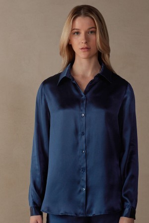 Intimissimi Long Sleeve Silk Shirt Blauw | BEJBT10522