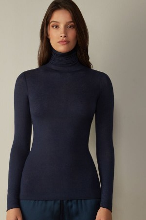 Intimissimi Modal Cashmere Ultralight High-Neck Top Blauw | MBEFT25451