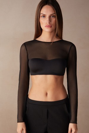 Intimissimi Long Sleeve Bra Top in Ultralight Microfiber and Tulle Zwart | EBEHC38088