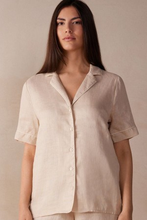 Intimissimi Yacht Night Linen Kort Sleeve Shirt Natural | BBESO97145