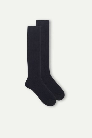 Intimissimi Long Geribbeld Socks in Cashmere and Wol Blauw | XBEBH14693