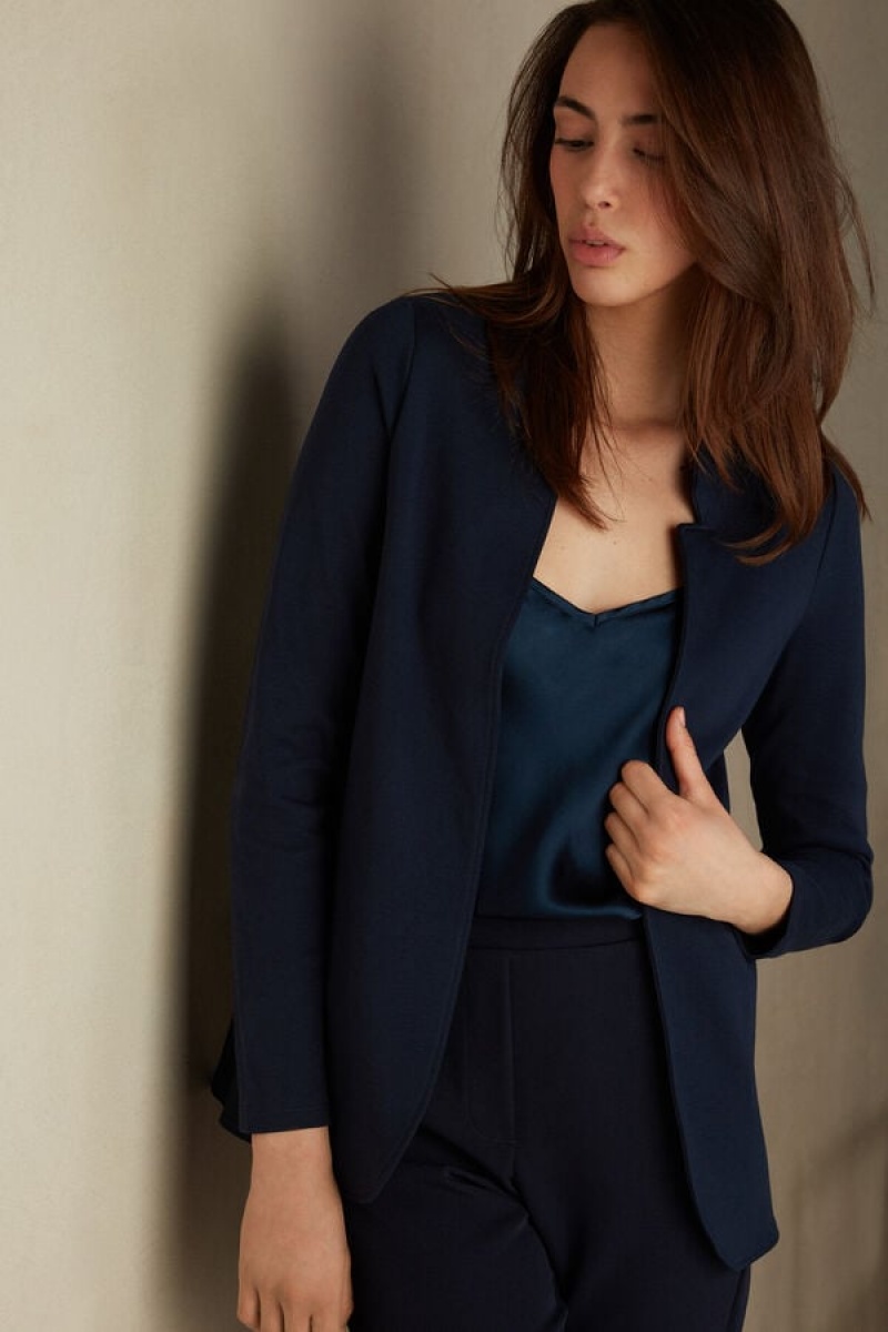 Intimissimi Long-Sleeved Katoenen Interlock Cardigan Blauw | UBEND48862