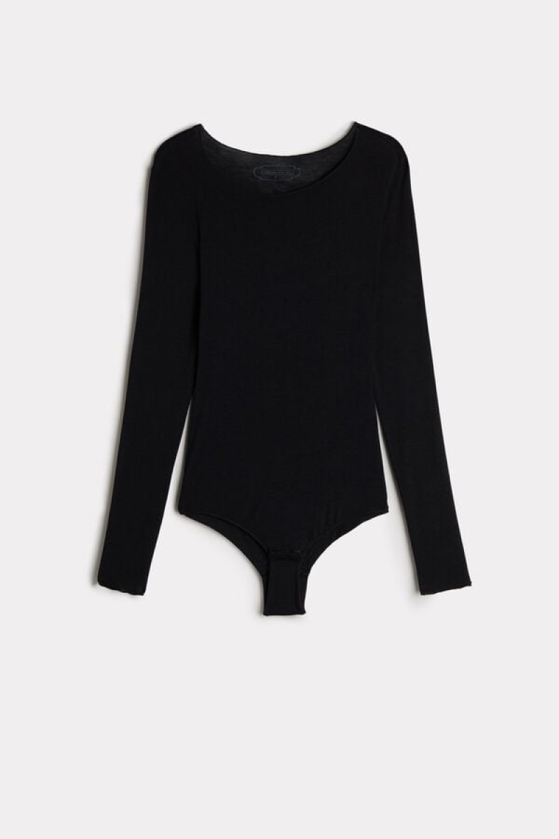 Intimissimi Modal and Cashmere Long-Sleeve Bodysuit Zwart | BEQAV60456