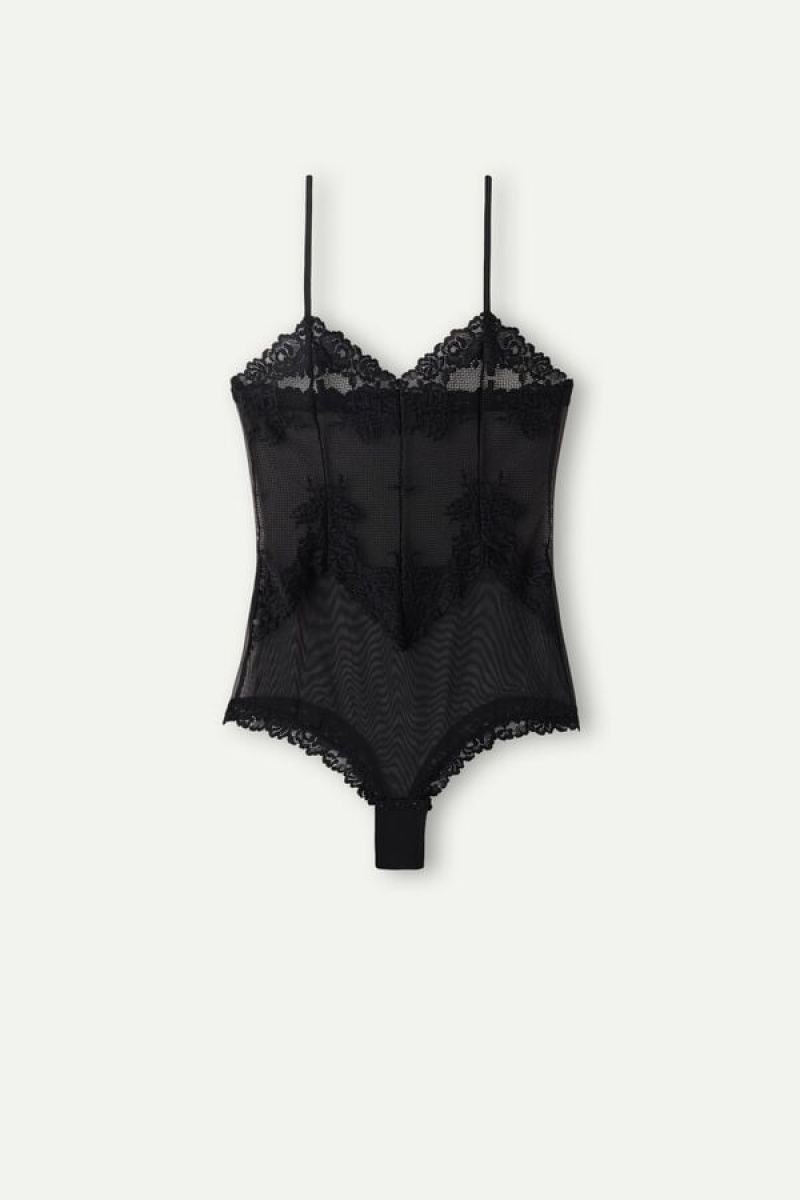 Intimissimi Pretty Flowers Tulle and Kanten Bodysuit Zwart | BBESO36875