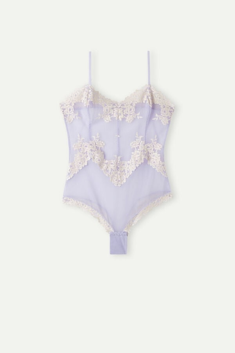 Intimissimi Pretty Flowers Tulle and Kanten Bodysuit Violet | EBEHC30696