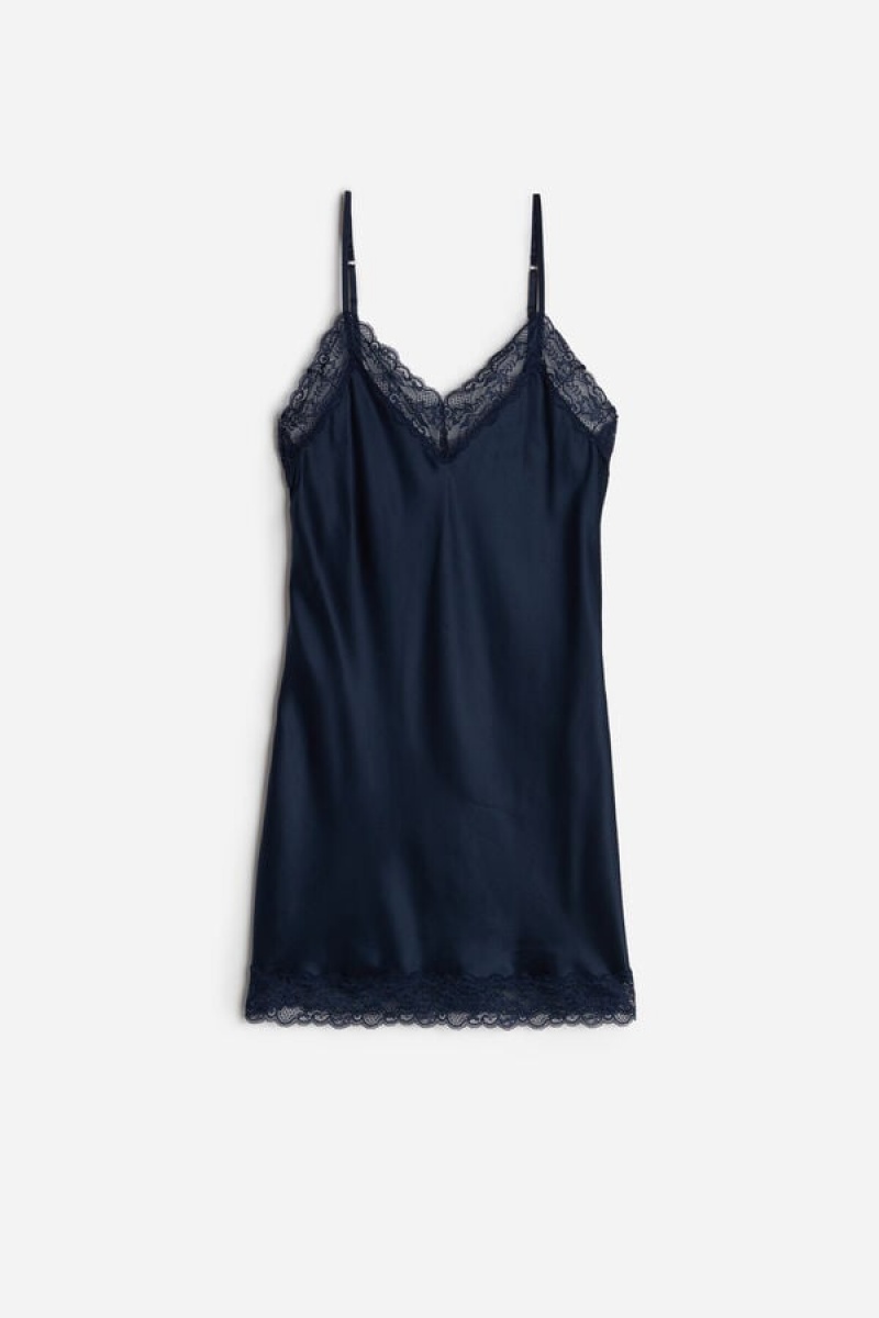 Intimissimi Silk Slip with Kanten Insert Detail Blauw | MBEFT20678