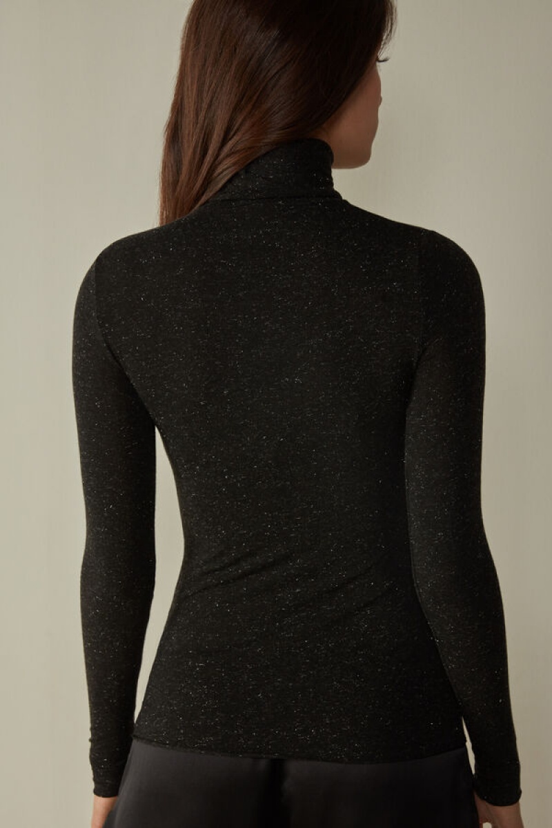 Intimissimi Turtleneck Top in Modal Light with Cashmere Lamé Zwart | EBEHC88095