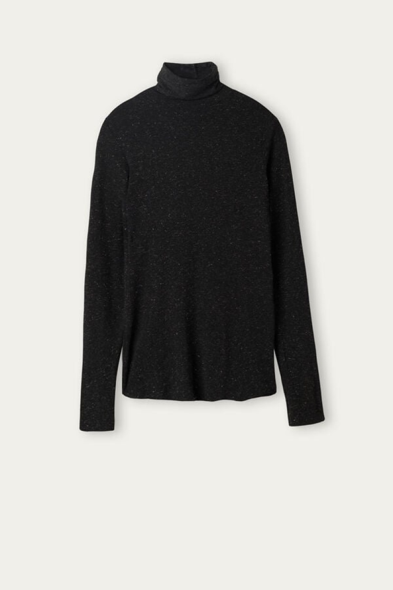 Intimissimi Turtleneck Top in Modal Light with Cashmere Lamé Zwart | EBEHC88095