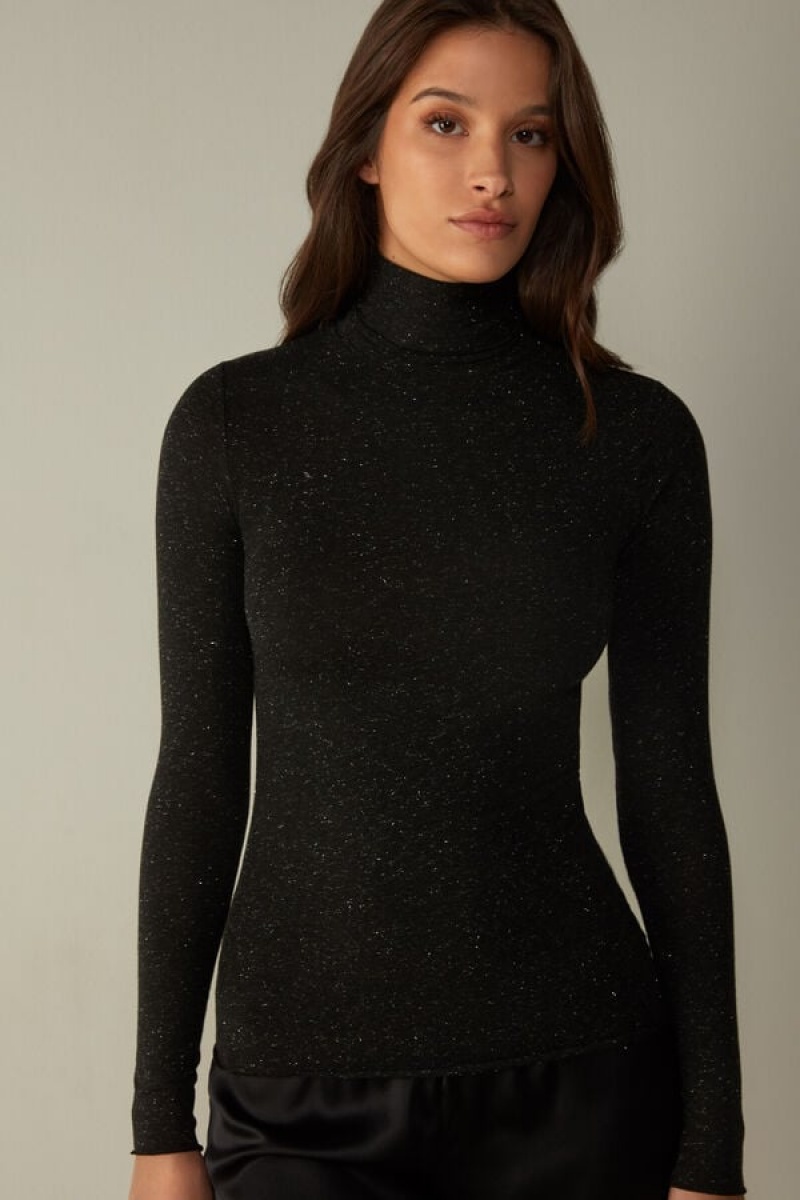 Intimissimi Turtleneck Top in Modal Light with Cashmere Lamé Zwart | EBEHC88095