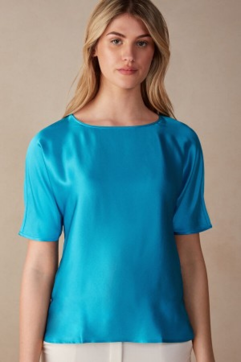 Intimissimi Kort Sleeve Silk and Modal Top Blauw | BENEJ82917