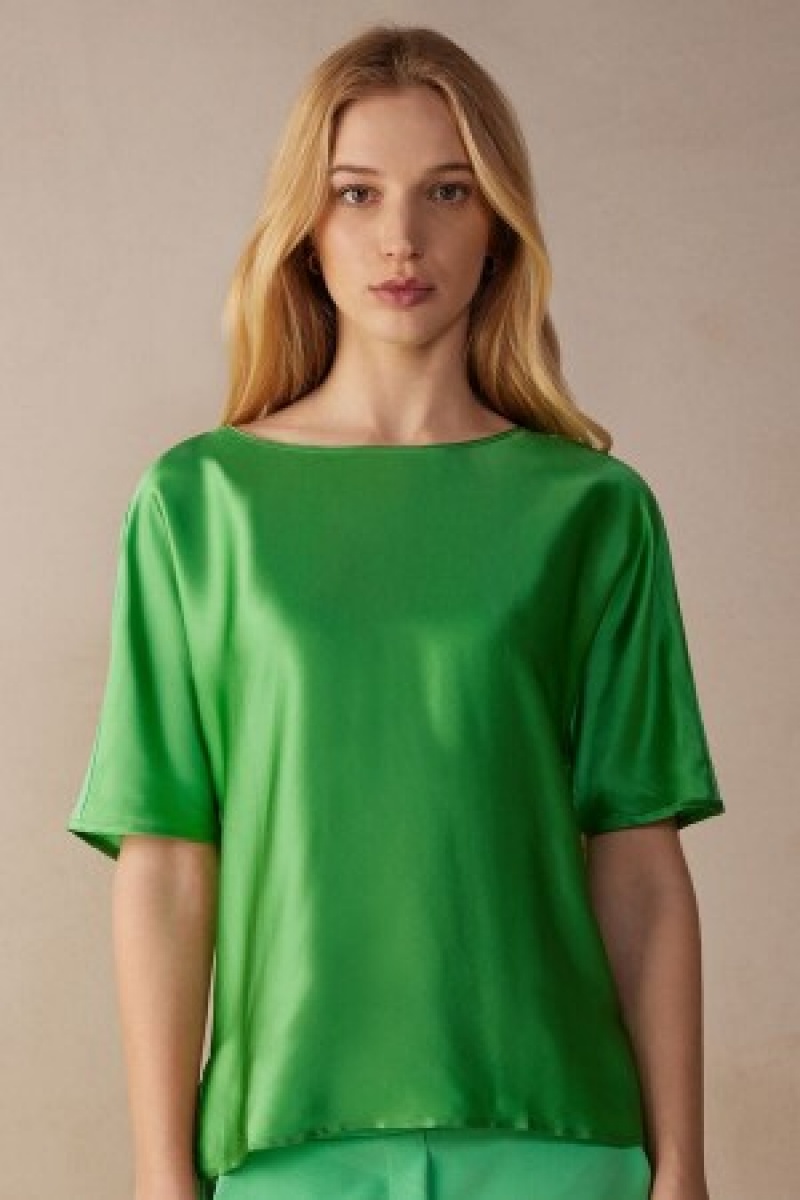 Intimissimi Kort Sleeve Silk and Modal Top Groen | FBEUI19376