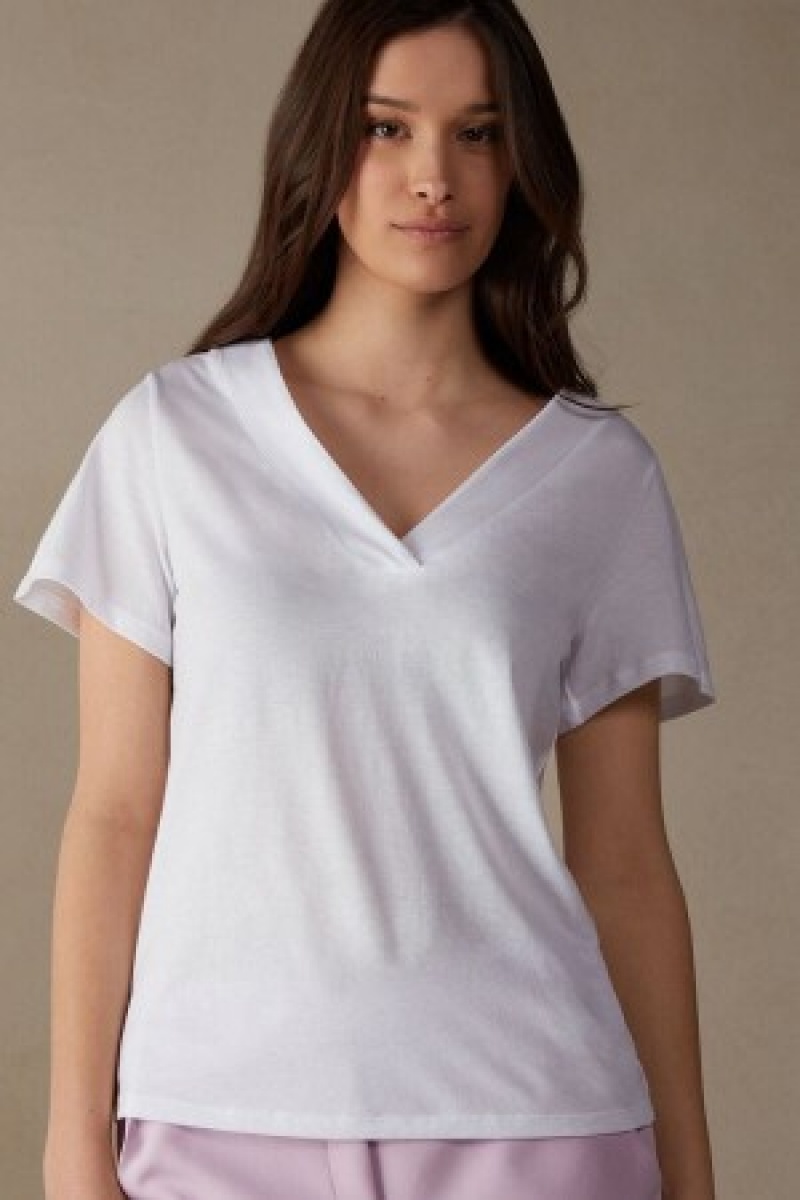 Intimissimi Kort Sleeve V-neck Top in Supima® Ultrafresh Katoenen Wit | UBETG54268