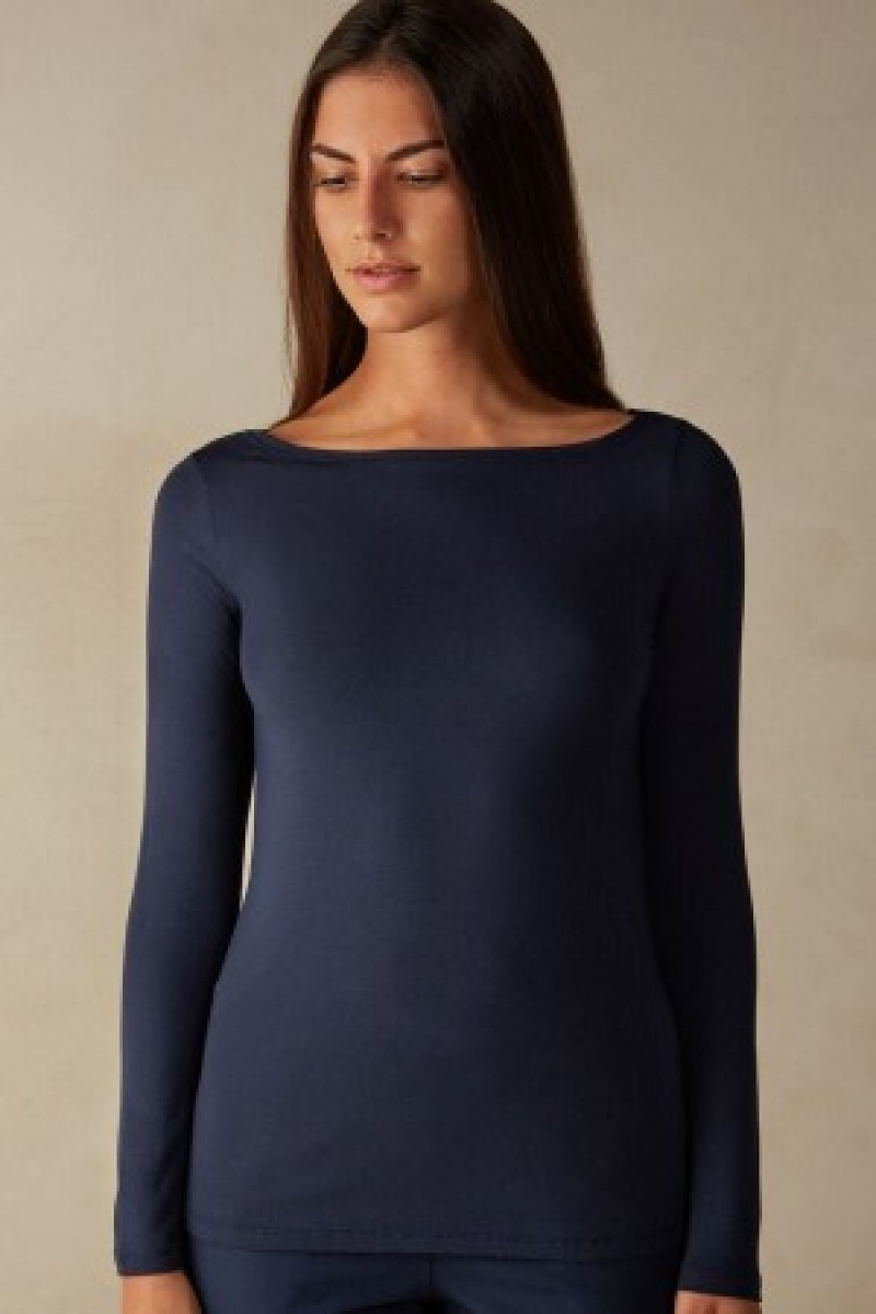 Intimissimi Long Sleeve Bateau Neck Top in Micromodal Blauw | BBESO26776