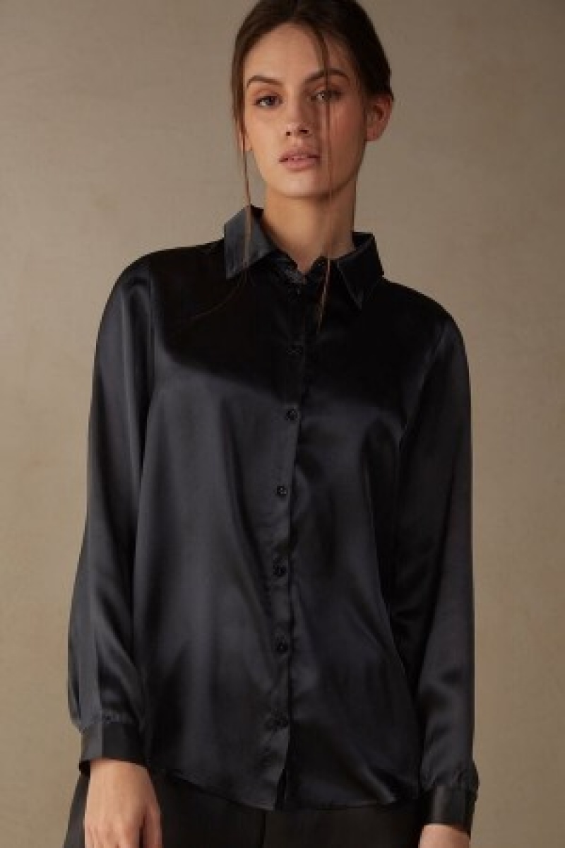 Intimissimi Long Sleeve Silk Shirt Zwart | XBEBH12988