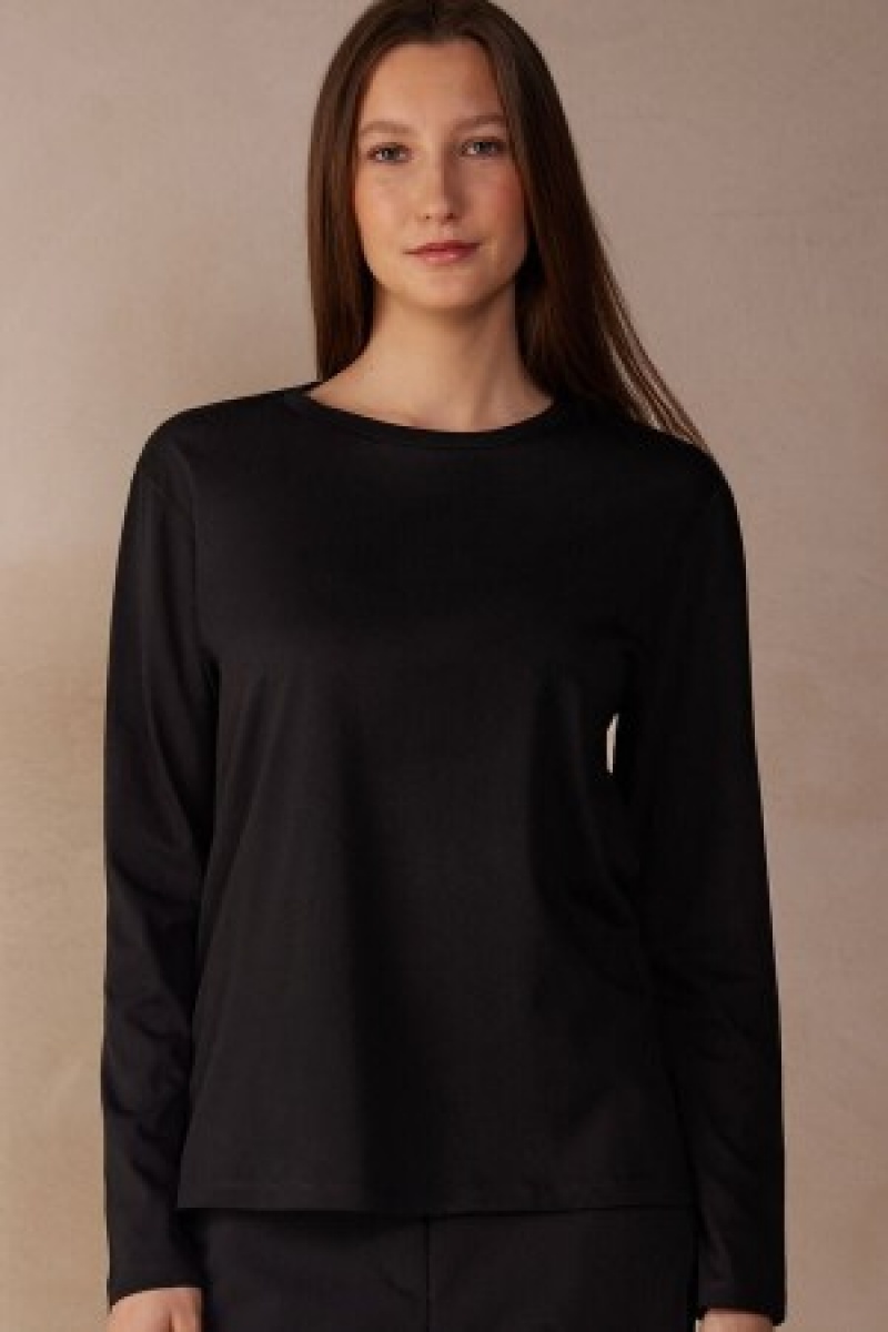 Intimissimi Oversized Long Sleeve Top in Supima® Katoenen Zwart | SBENY92651