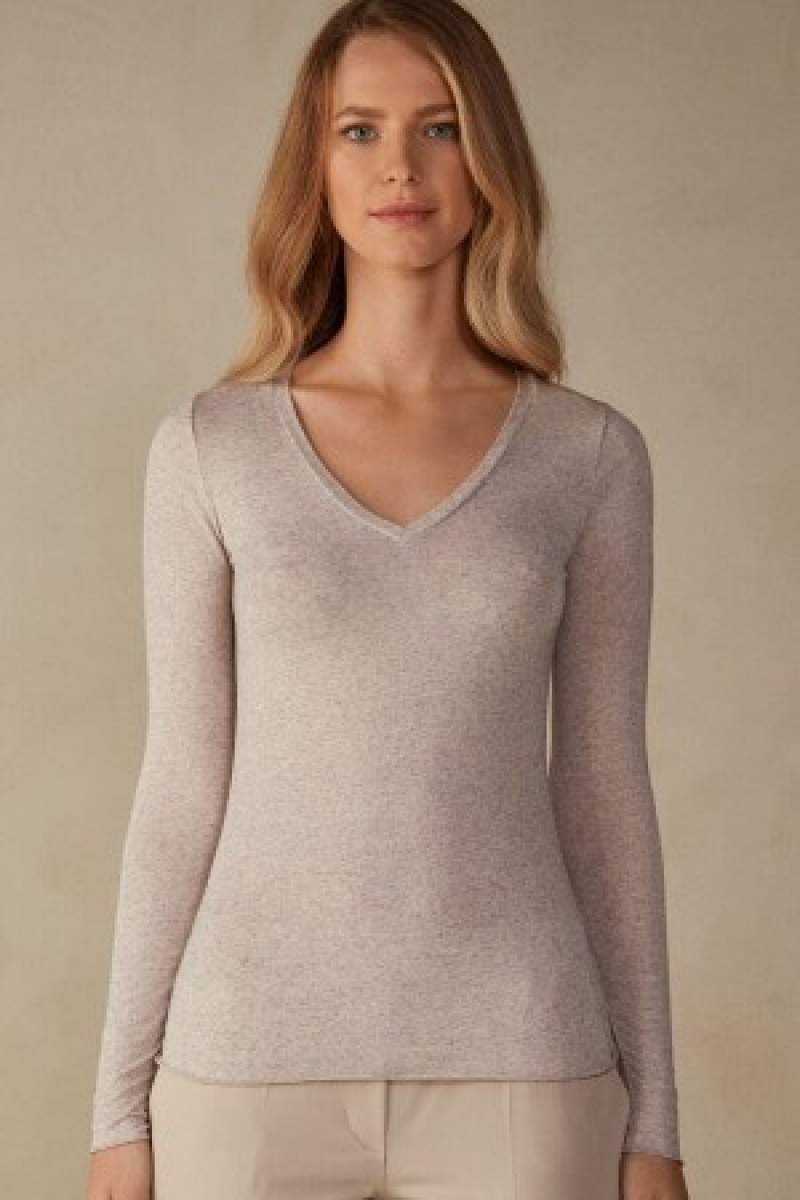 Intimissimi V-neck top in Modal Ultralight with Cashmere Natural | UBETG23435