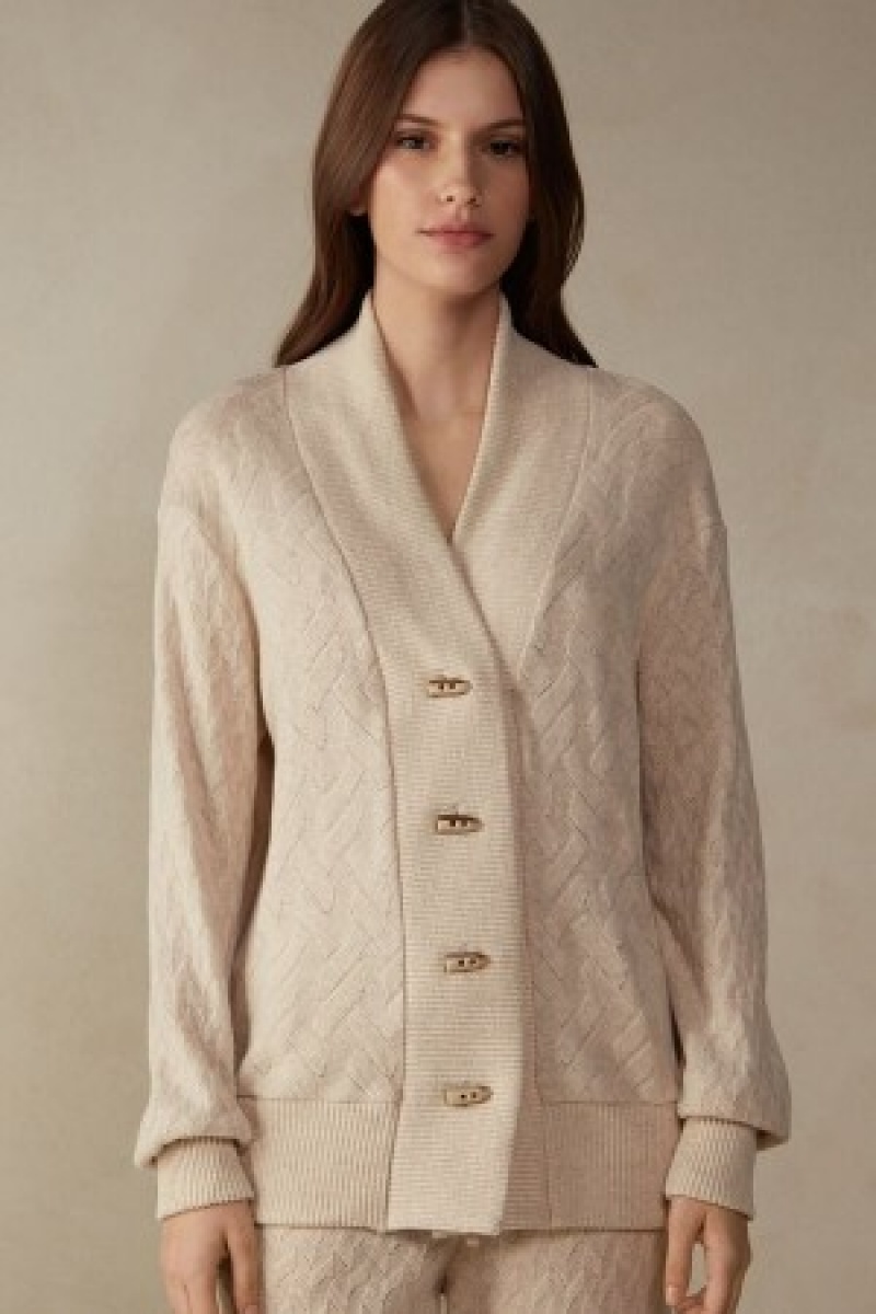 Intimissimi Winter Braid Long Sleeve Jacquard Cardigan Natural | BEJVR39015