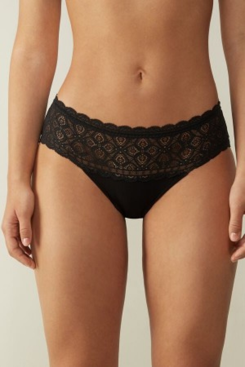 Intimissimi Kanten and Katoenen High Rise Panties Zwart | EBEVG79830