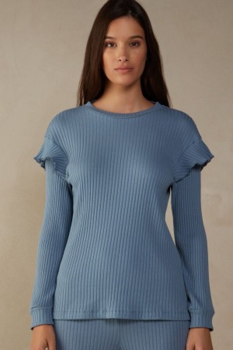 Intimissimi Cozy Mountains Long Sleeve Geribbeld Top Blauw | YBEGT87655