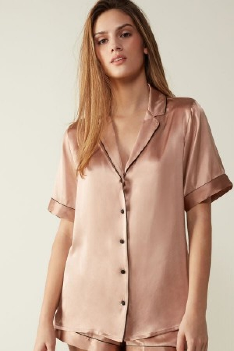 Intimissimi Kort Sleeve Silk Shirt with Contrast Trim Natural | BEDFL85310