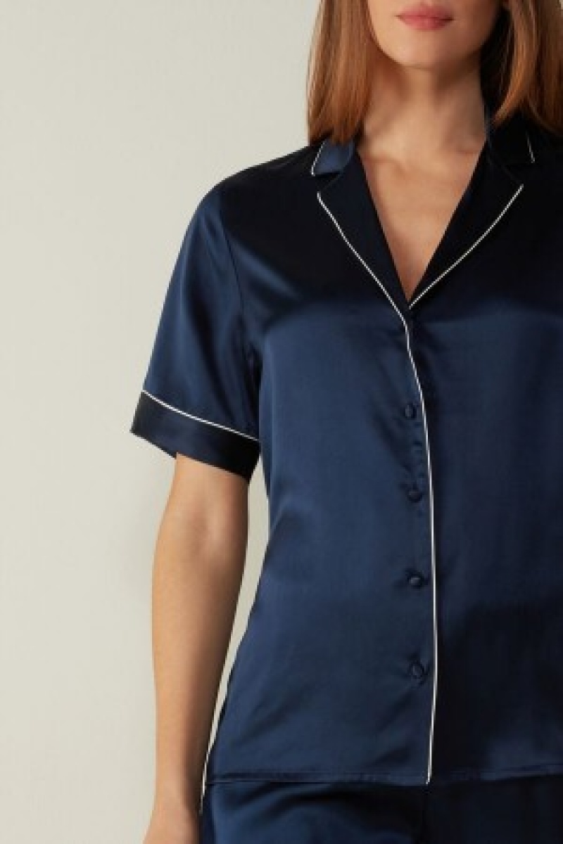 Intimissimi Kort Sleeve Silk Shirt with Contrast Trim Blauw | BEXBR19682