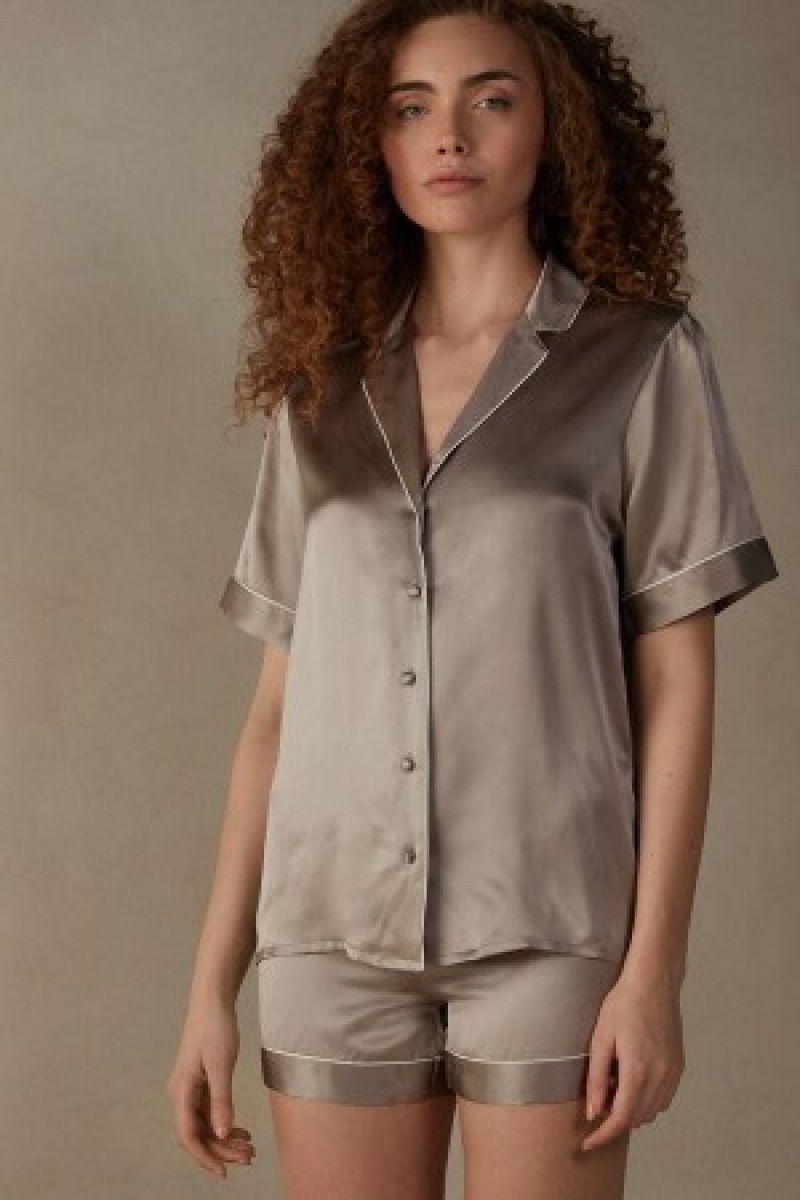 Intimissimi Kort Sleeve Silk Shirt with Contrast Trim Natural | YBEVQ35088