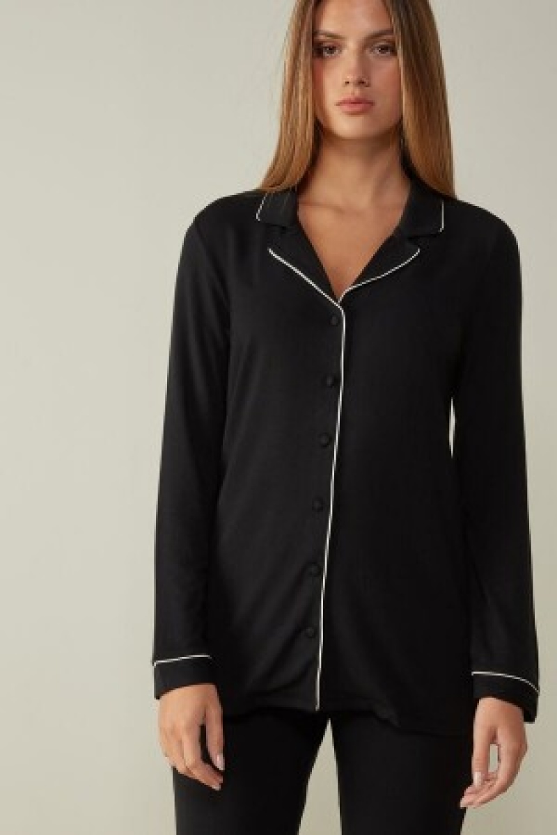 Intimissimi Long-Sleeve Micromodal Pajama Top Zwart | BEDYB38395