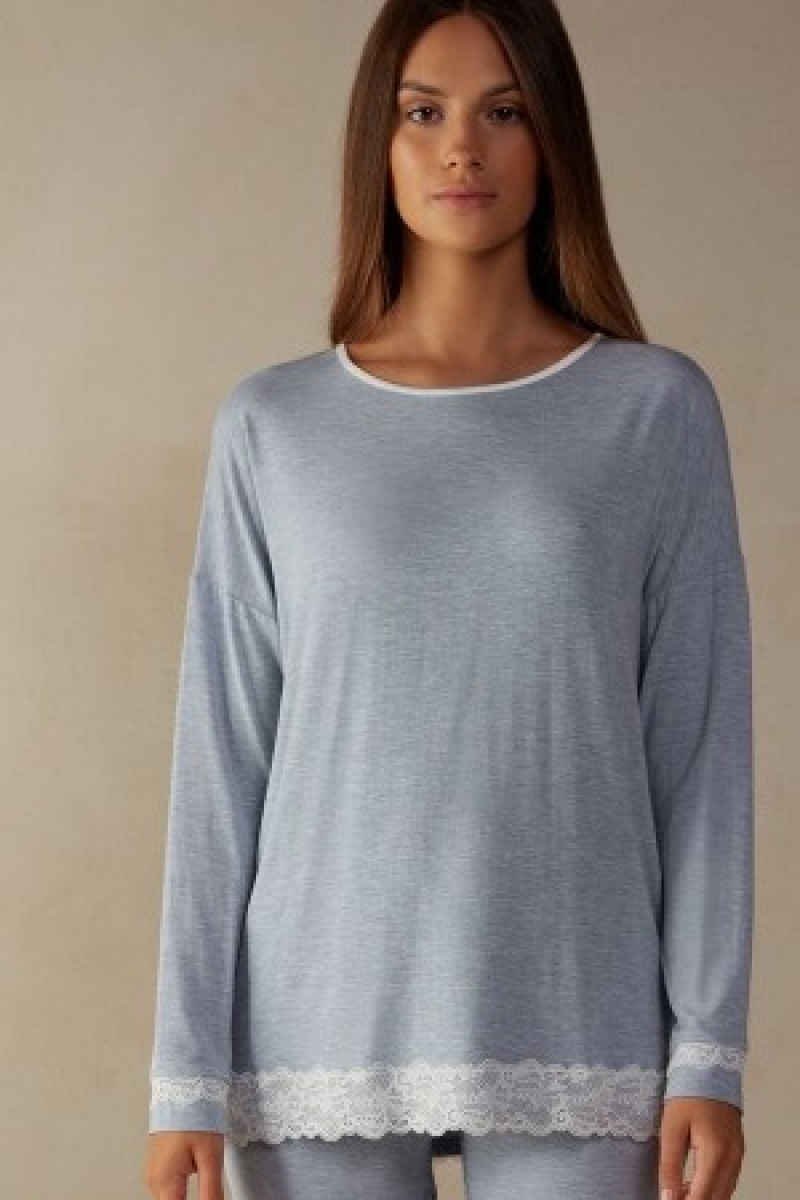 Intimissimi Long-Sleeve Round-Neck Modal Top Lichtblauw | BEJZR50420