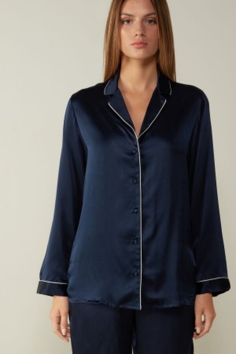 Intimissimi Mannish-Cut Jacket in Silk Satin Blauw | BEJVR96734