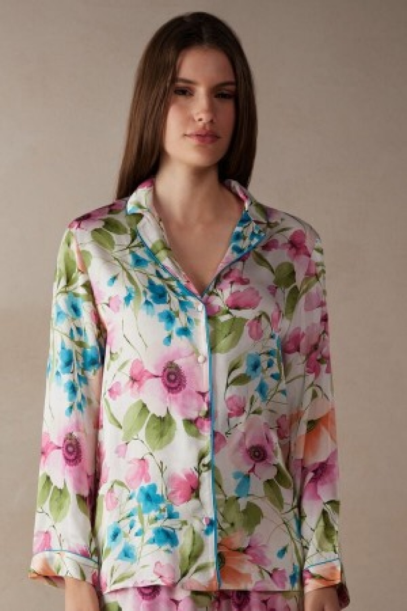 Intimissimi Botanical Lyrics Satin Button Up Shirt Print | DBEVO24216