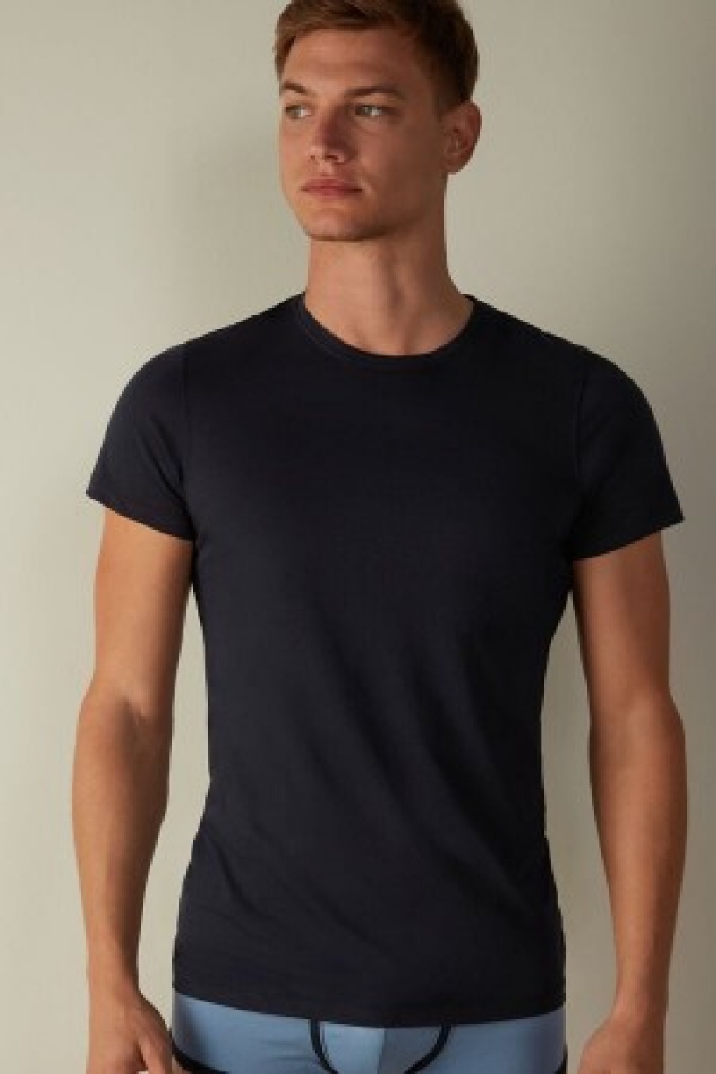 Intimissimi Kort-Sleeve Crew-Neck T-Shirt in Extra-Fine Supima® Katoenen Blauw | BECIF54316