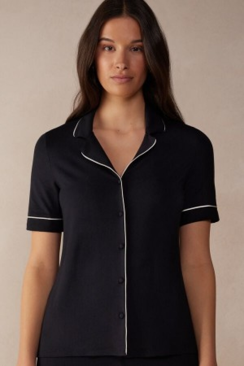 Intimissimi Kort Sleeve Button Up Shirt in Modal Zwart | BEZDE16768