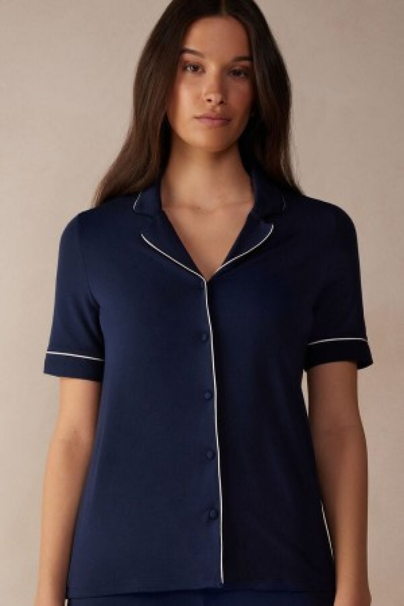 Intimissimi Kort Sleeve Button Up Shirt in Modal Blauw | YBEVQ62081