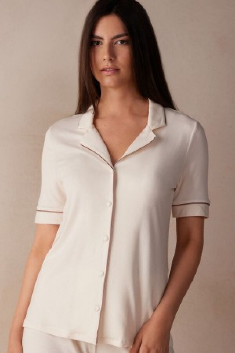 Intimissimi Kort Sleeve Button Up Shirt in Modal Natural | BEJBT90000