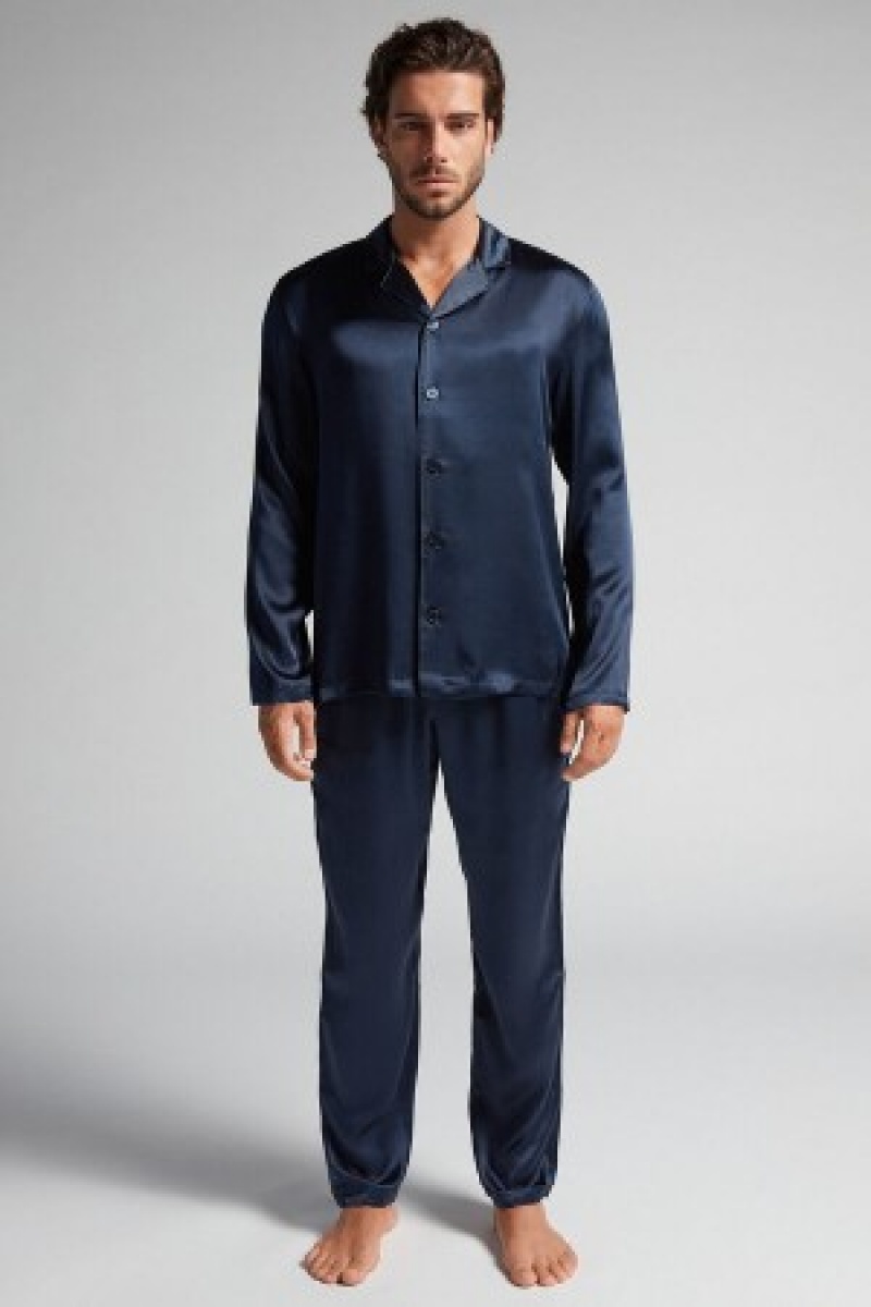 Intimissimi Long Silk Piped Pajamas Blauw | QBEUV12299