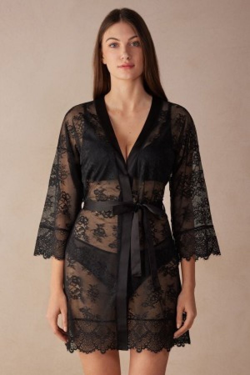 Intimissimi Stunning Beauty Kanten Robe Zwart | YBEGT55613