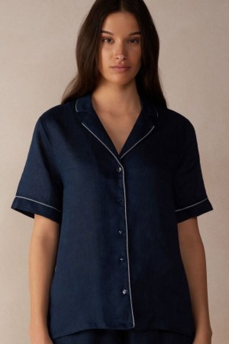 Intimissimi Yacht Night Linen Kort Sleeve Shirt Blauw | BEXBR90551