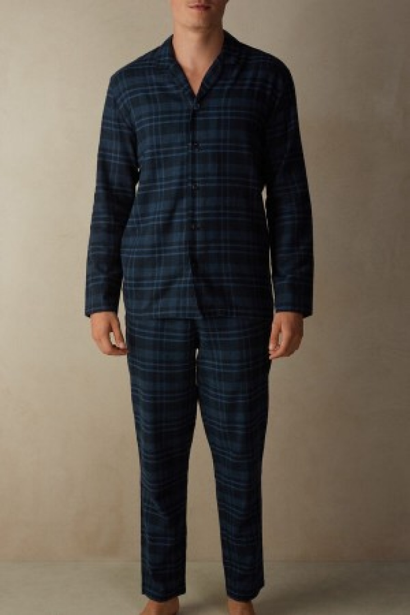 Intimissimi Full Length Pajamas in Brushed Blue Check Patterned Cloth Blauw | BEICD69141