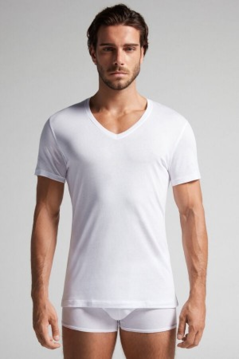 Intimissimi Kort-Sleeve V-Neck T Shirt in Extra-Fine Supima® Katoenen Wit | ABEDF72103