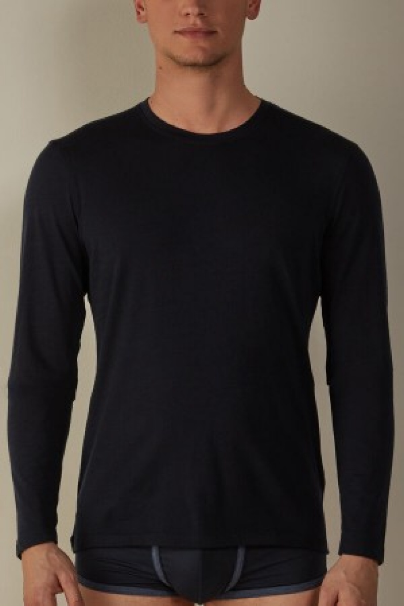 Intimissimi Long-sleeve Crew-Neck Merino-Wol Top Blauw | TBEPQ90001