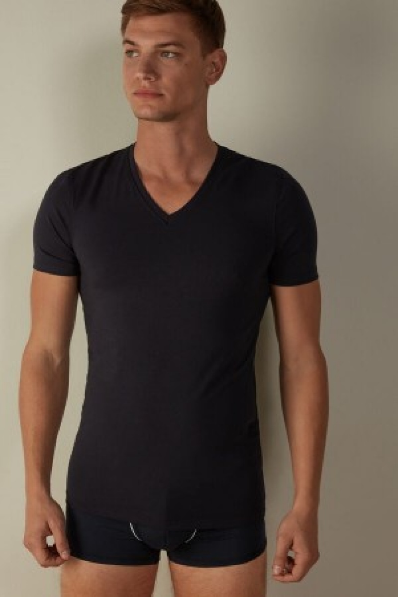 Intimissimi V-neck T-shirt in Stretch Supima® Katoenen Blauw | LBESX74604