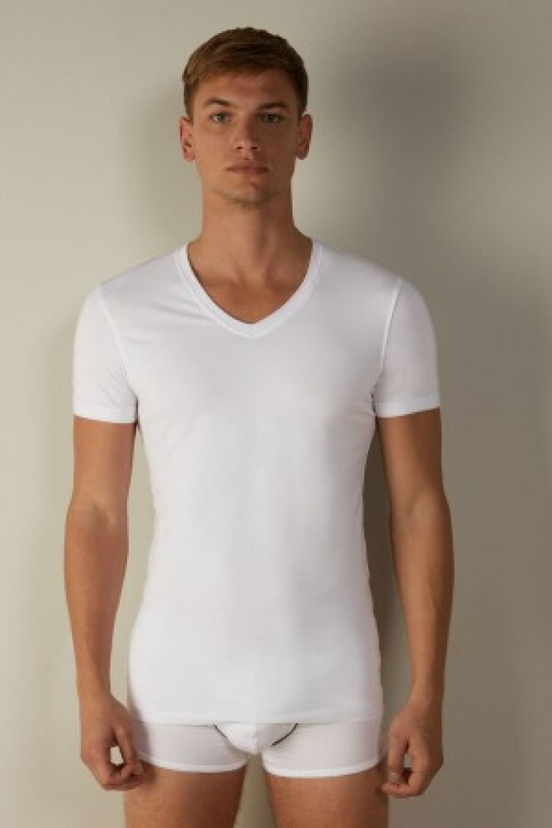 Intimissimi V-neck T-shirt in Stretch Supima® Katoenen Wit | BEXBR95016