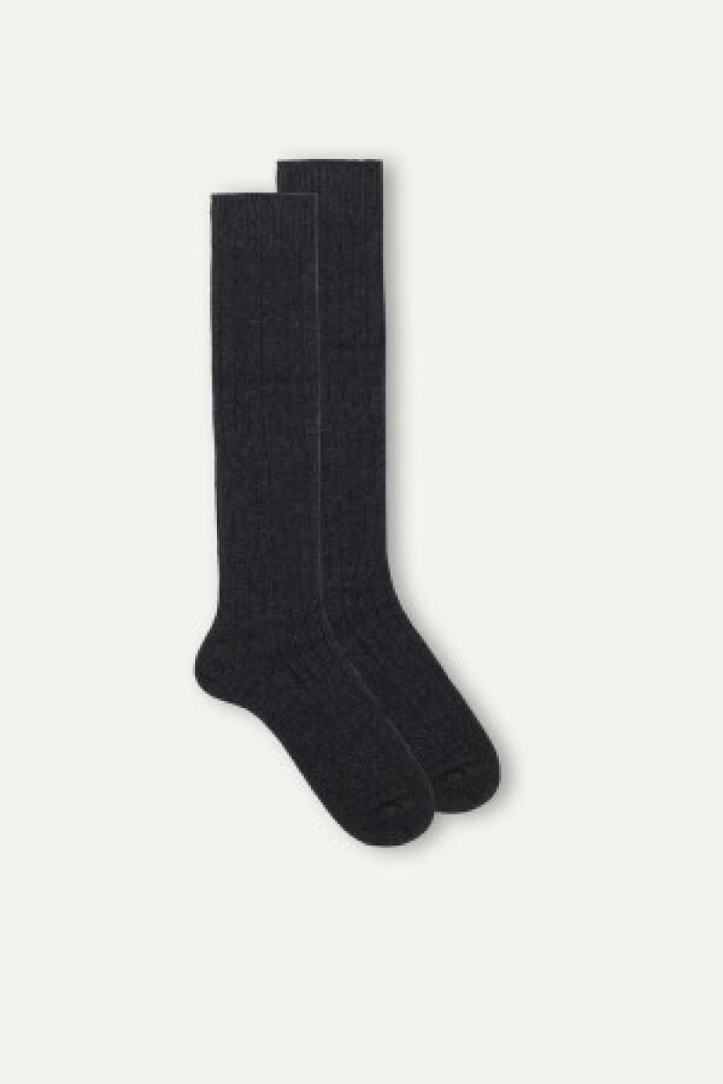 Intimissimi Long Geribbeld Socks in Cashmere and Wol Grijs | BEDFL53935