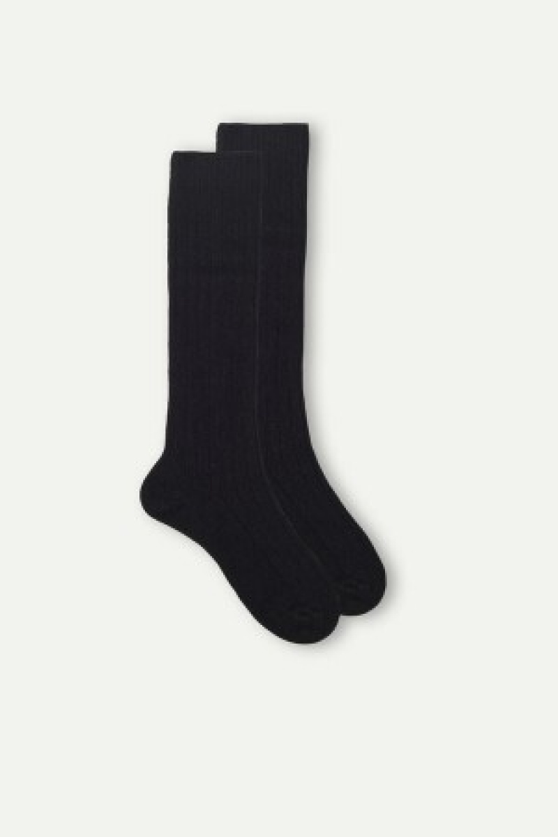 Intimissimi Long Geribbeld Socks in Cashmere and Wol Zwart | MBEFT24536