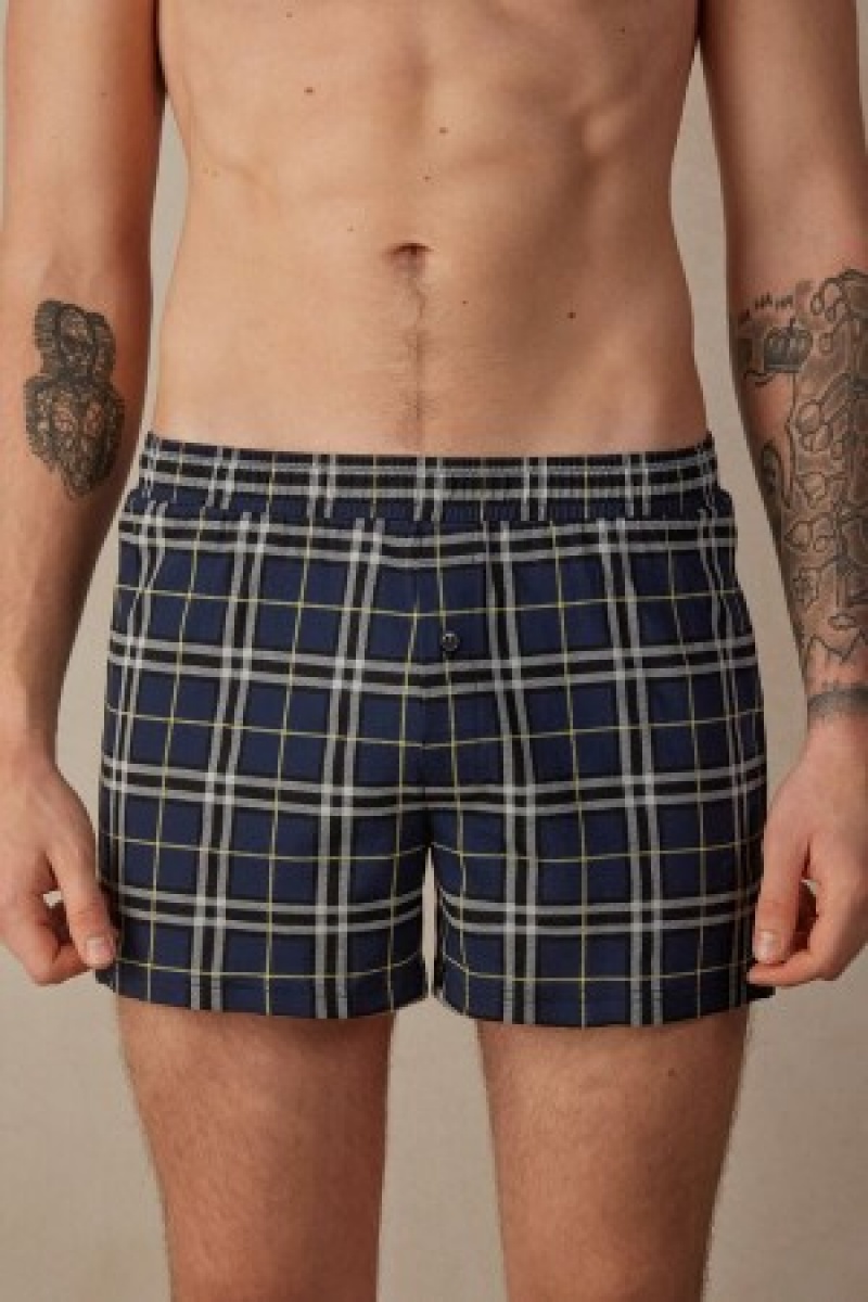 Intimissimi Tartan Patterned Katoenen Jersey Relaxed Fit Boxers Blauw | QBEWA36081