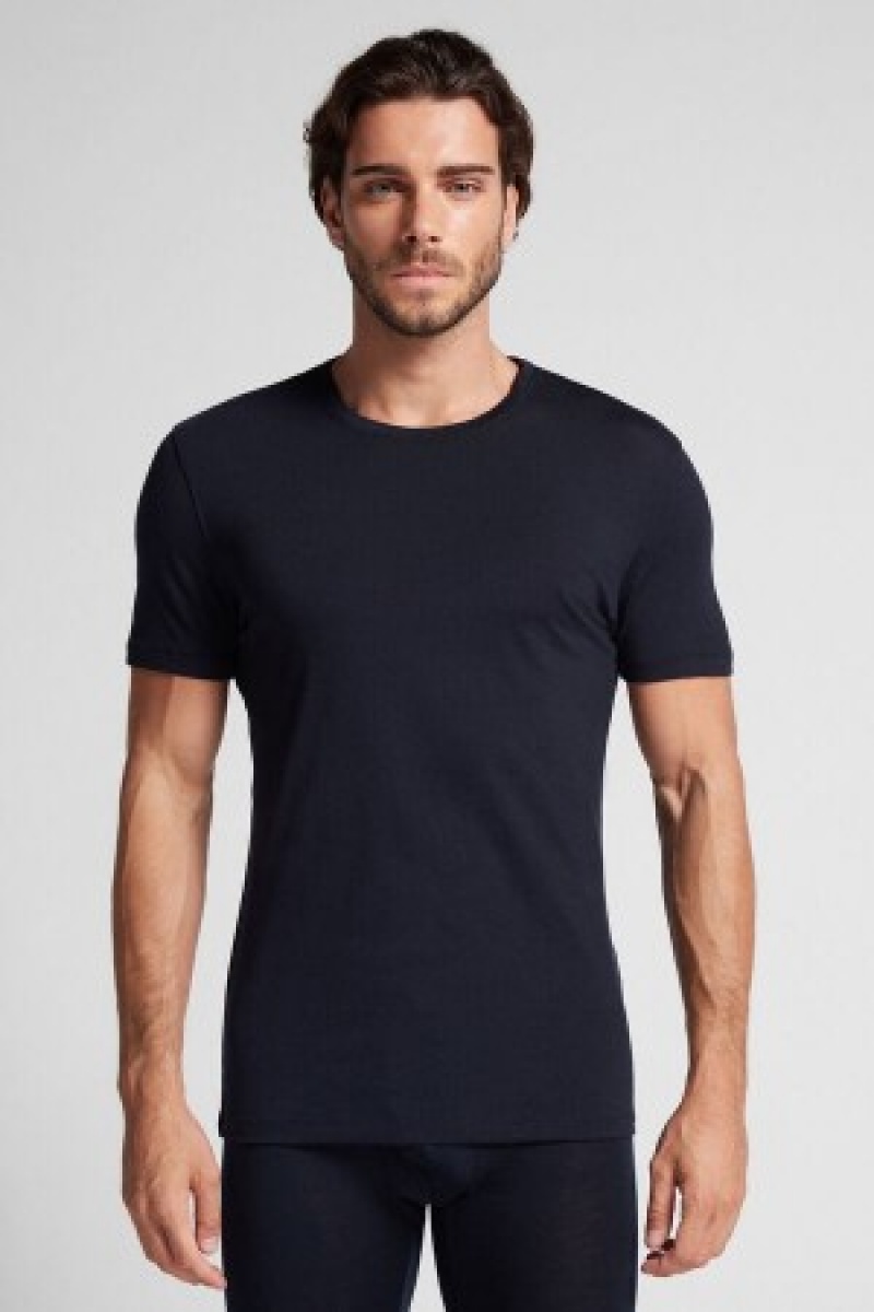 Intimissimi Stretch Merino Wol Kort-Sleeve T-Shirt Zwart | EBEVG58039